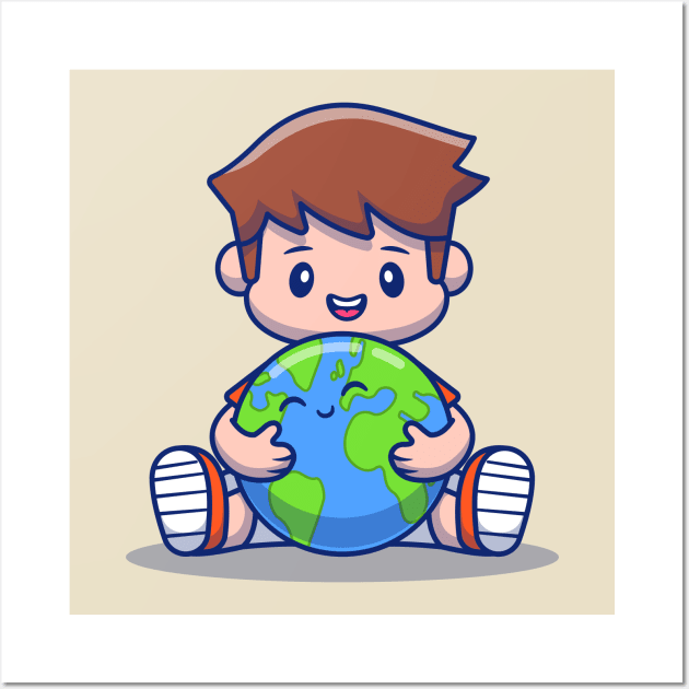 Boy Hugging Cute Earth Wall Art by Catalyst Labs